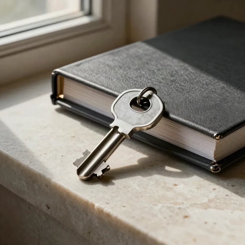 Vault key, key ring, and sealed ledger binder on pale stone in dramatic macro still life