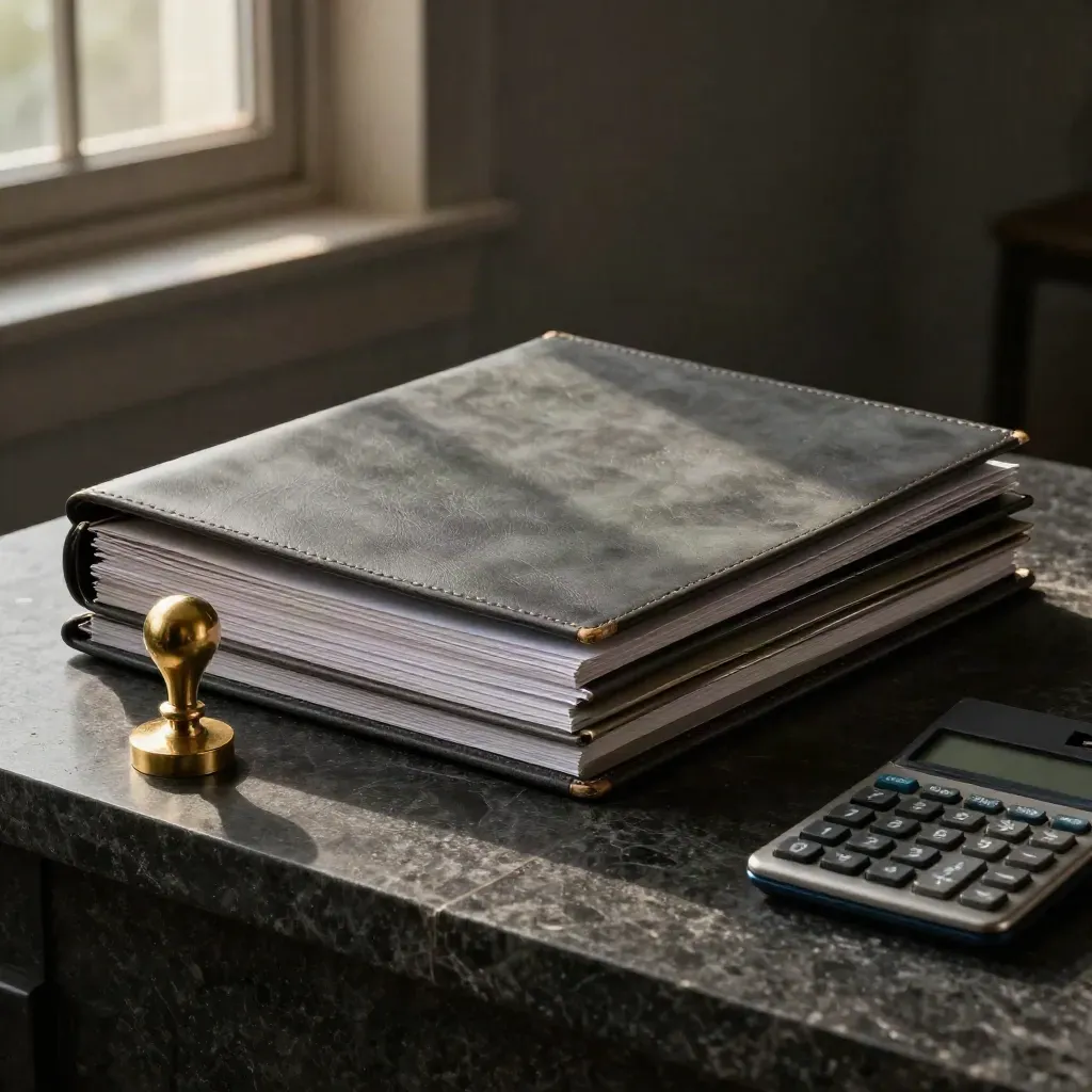 Closed loan folders, brass stamp, calculator and tray dividers on dark stone with a blue accent.