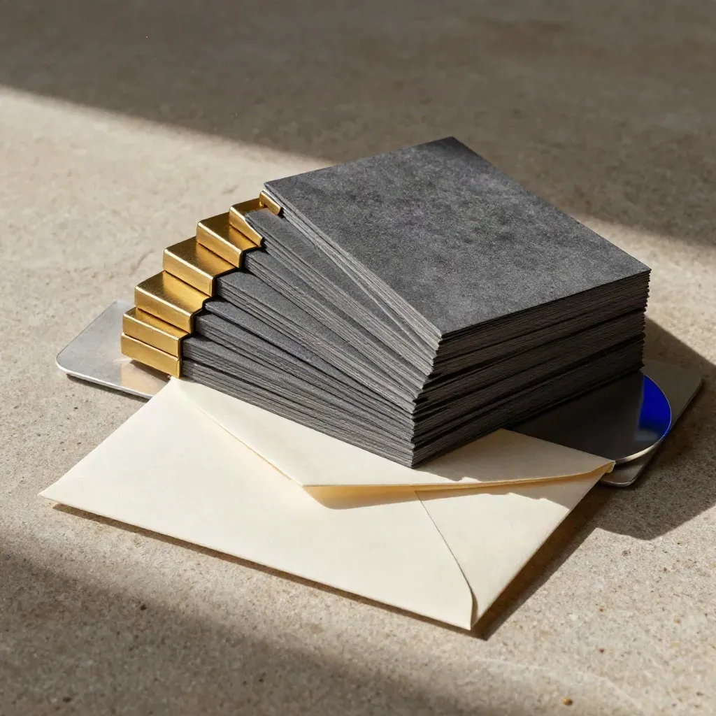 Overhead finance still life with ledger blocks, brass markers, and a folded sleeve on stone.