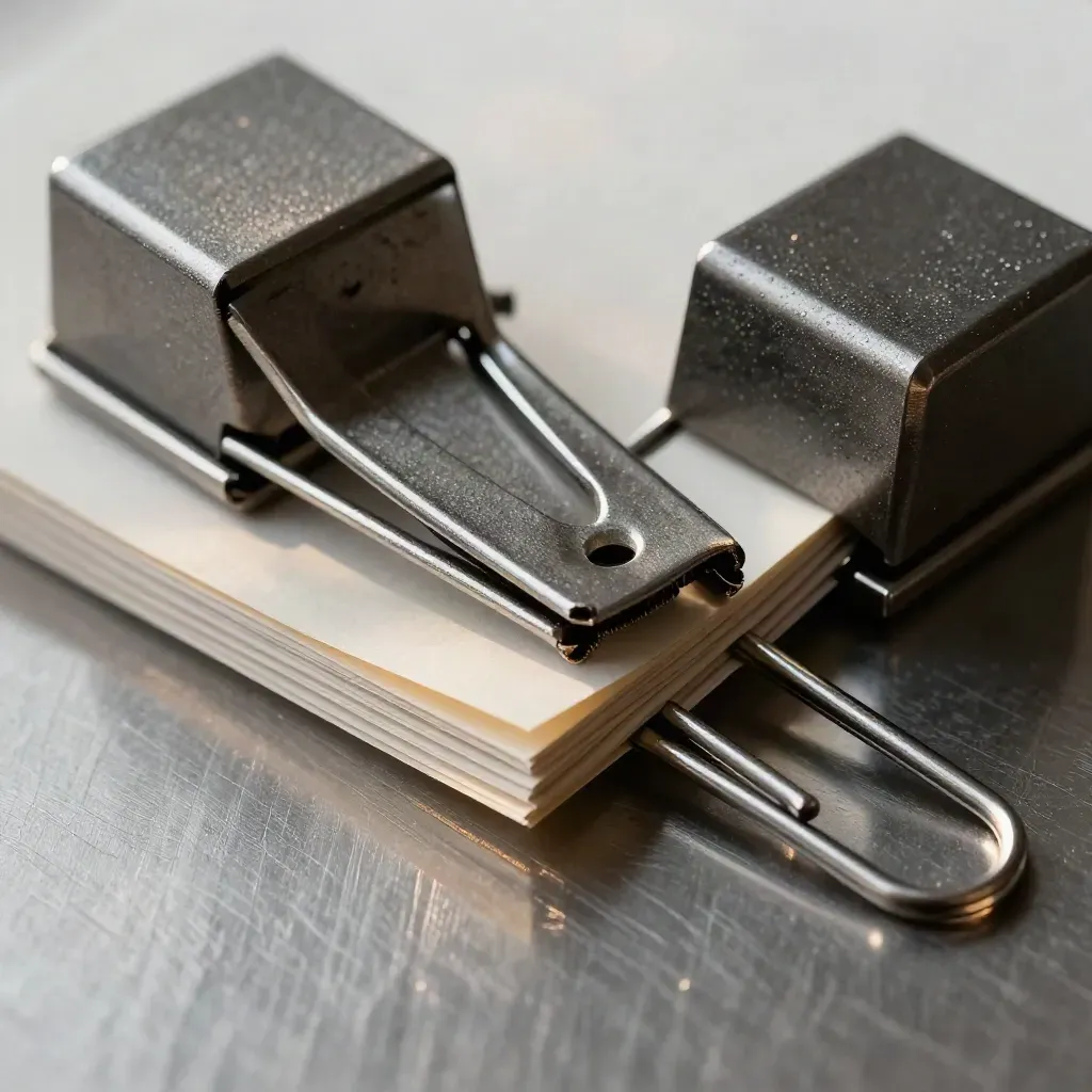 Macro of metal file clip, paper stack, and paperweights on brushed steel