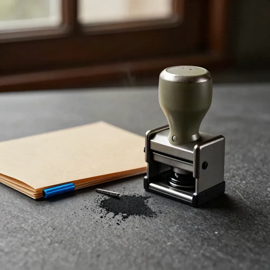 Approval stamp hovering over ink pad beside a sealed file tab on dark stone.