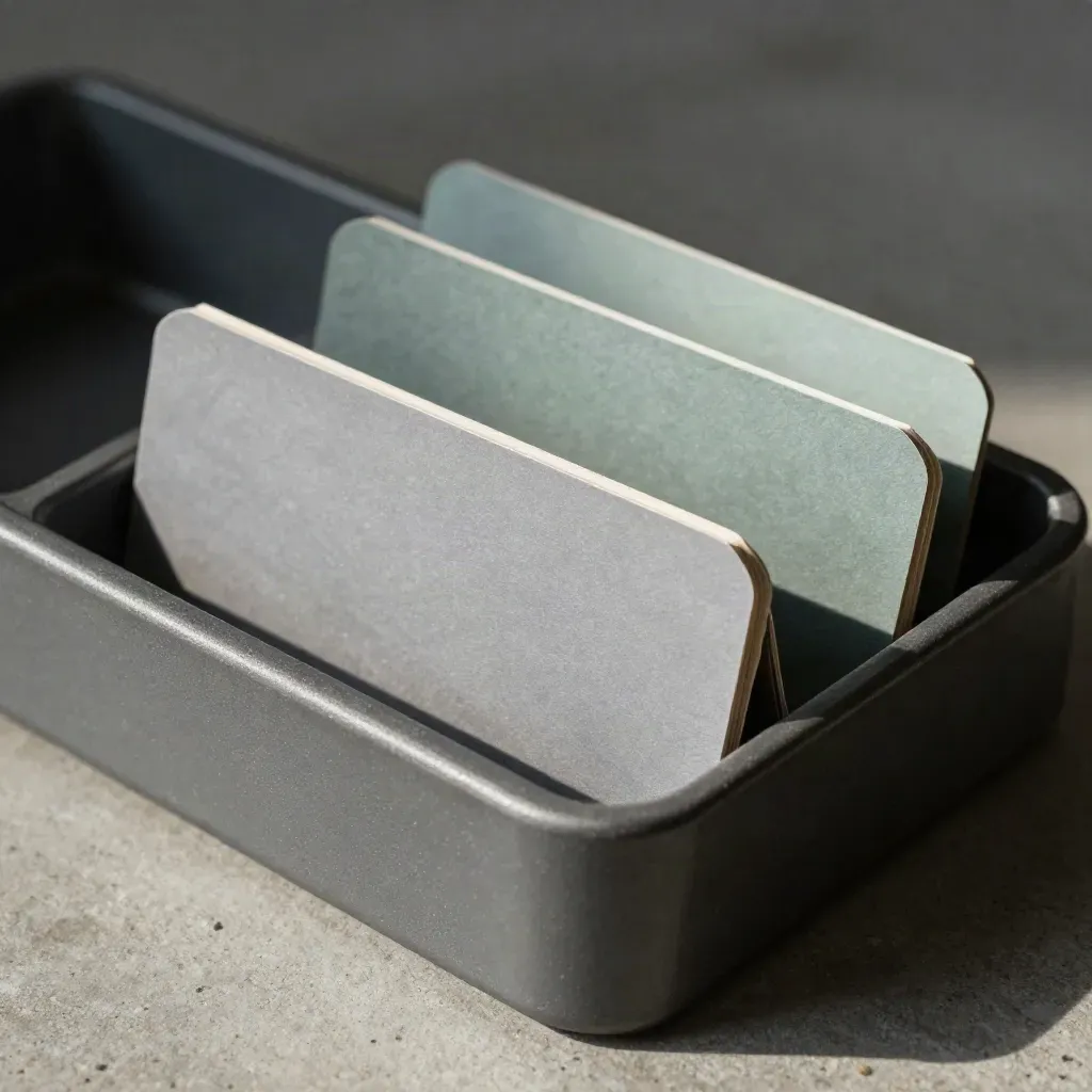 Extreme macro of a three-slot sorting tray with slate and muted-green divider cards.