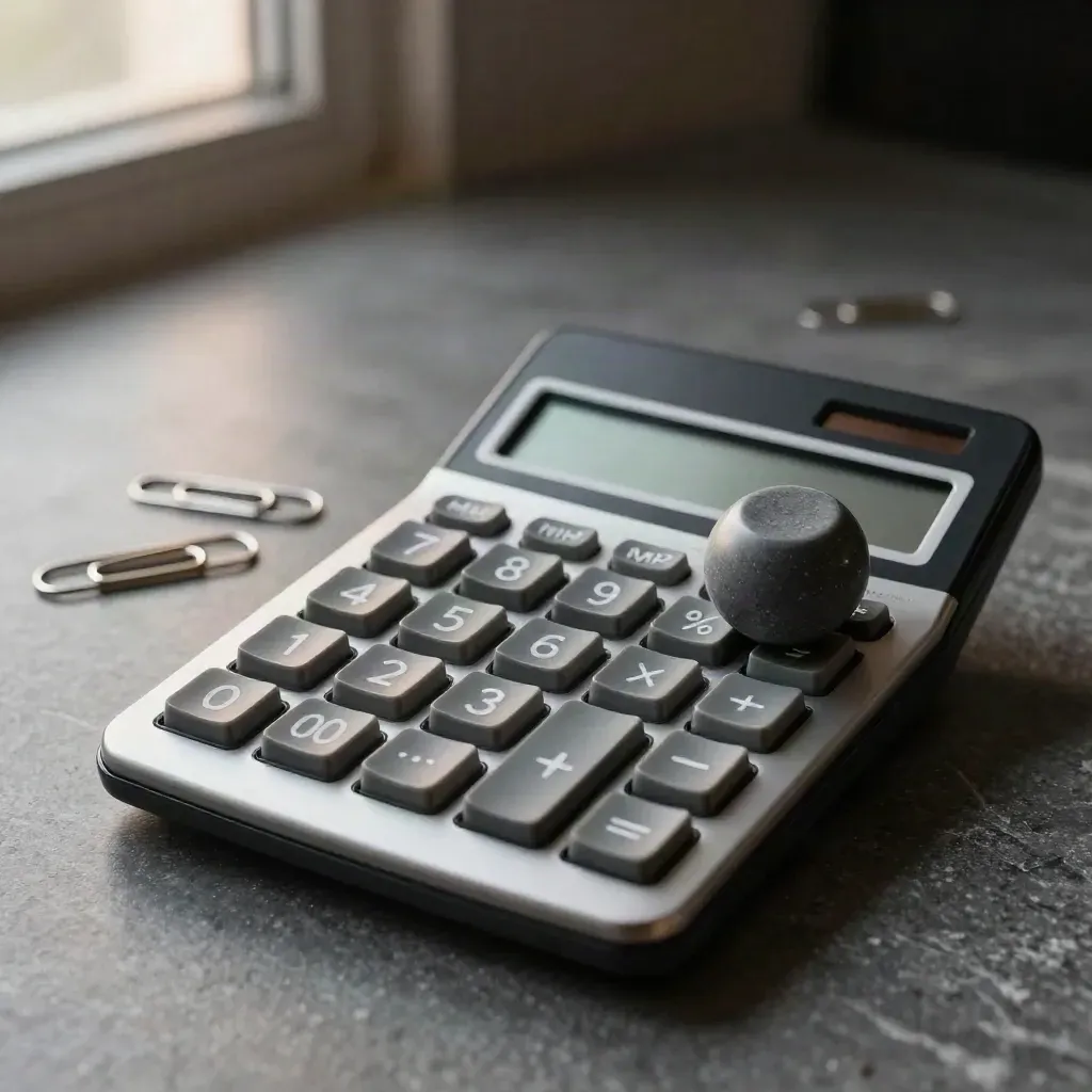 Calculator, blackened paper clips, and stone paperweight on cool stone in soft light.