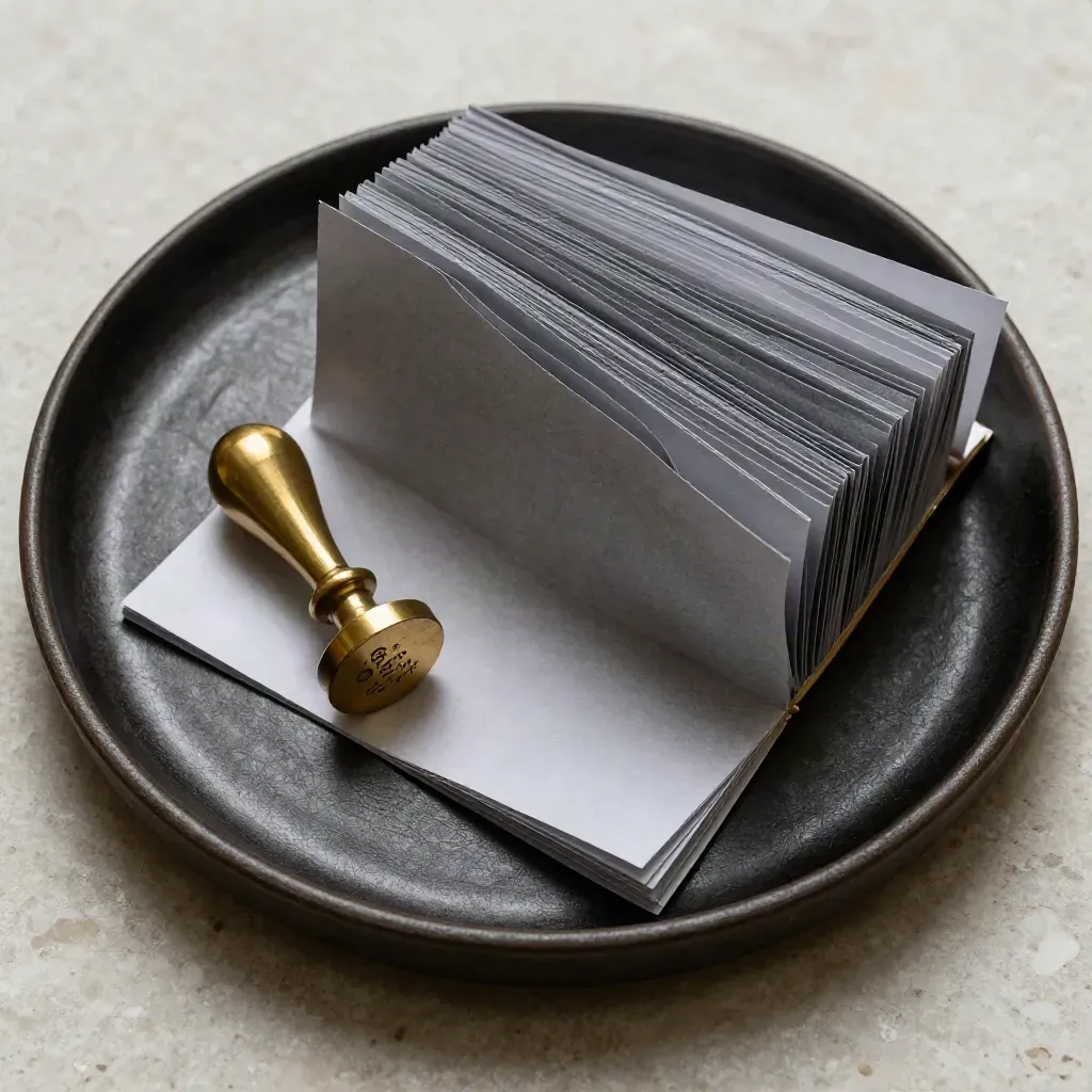 Brass seal and loan forms on a dark ceramic tray, dramatic finance still life.