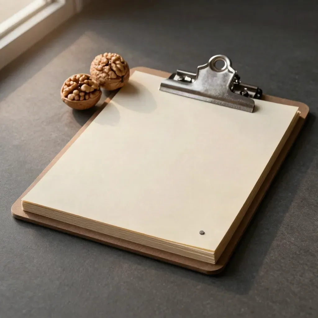 Walnut clipboard with blank intake sheets, stainless clip and tiny binding screws on graphite surface