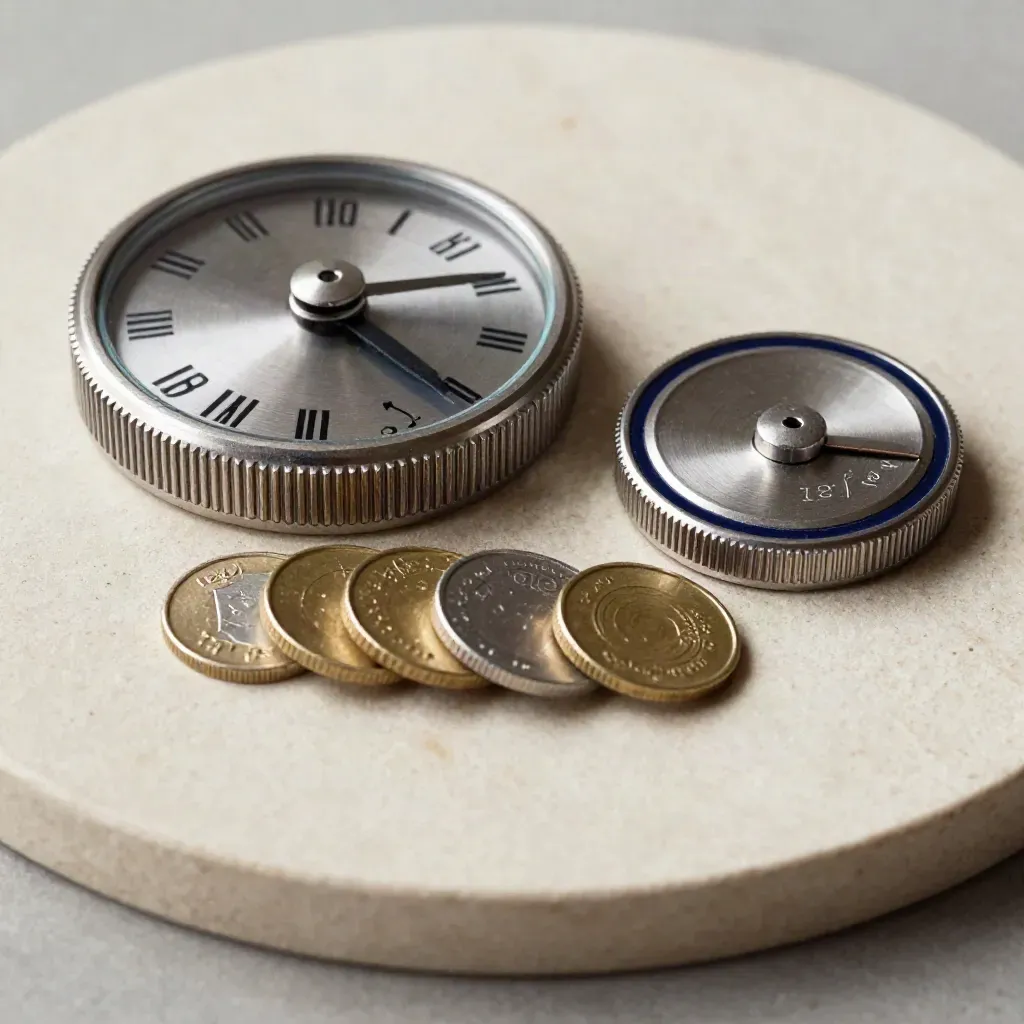 Metal tally counter, date wheel, and coin tray on a stone surface.
