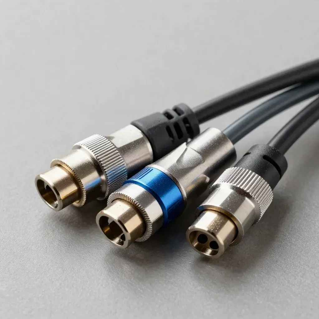 Top-down shot of metal API connectors, braided cables, and brushed aluminum on a neutral surface.