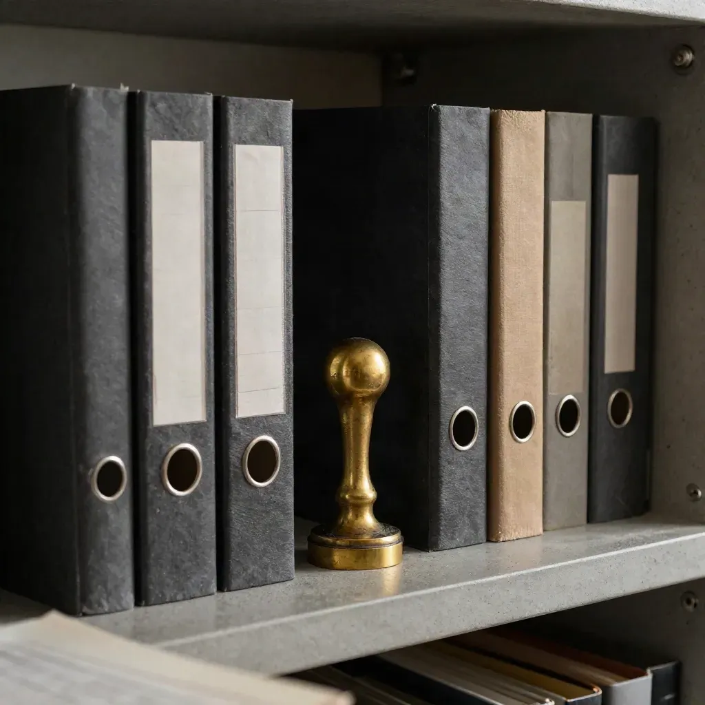 Brass approval seal beside file dividers and stacked audit folders on a concrete shelf.