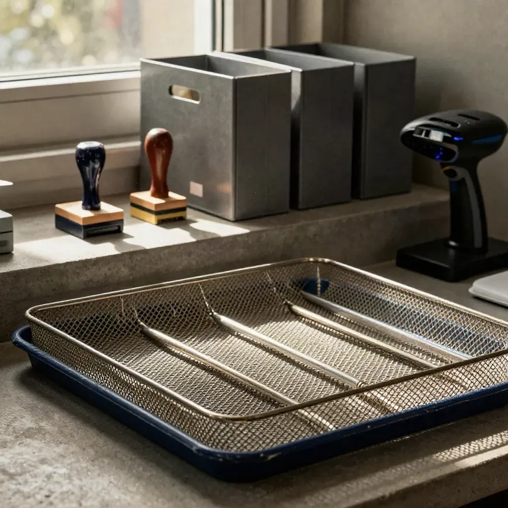 Mesh file tray with document bins, stamp and scanner cradle on a steel shelf.