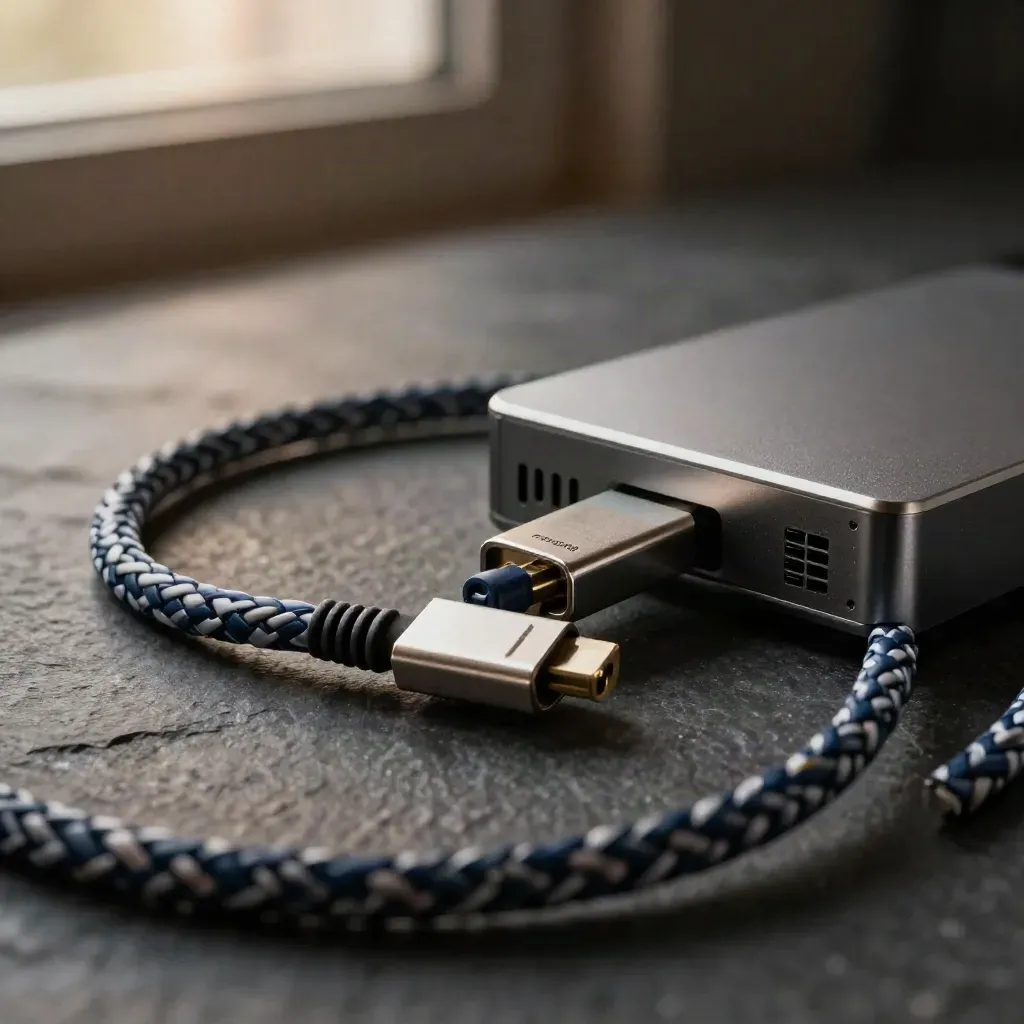 Braided network cable loop with anodized adapter and gateway module on a dark stone surface, macro
