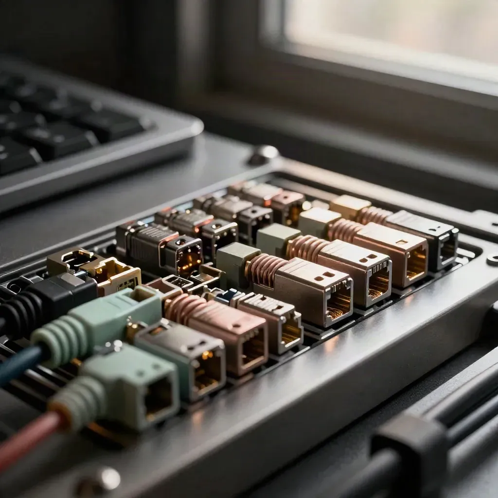 Low-angle still life of ethernet connector blocks and spacers on a dark metal tray.