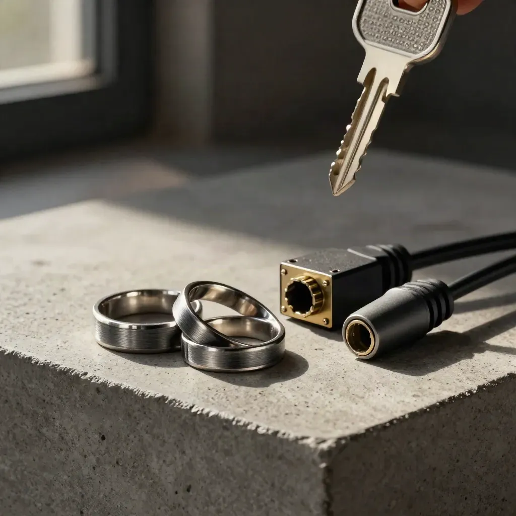 Brushed rings, modular block, and cable ferrule on concrete under dramatic studio light.