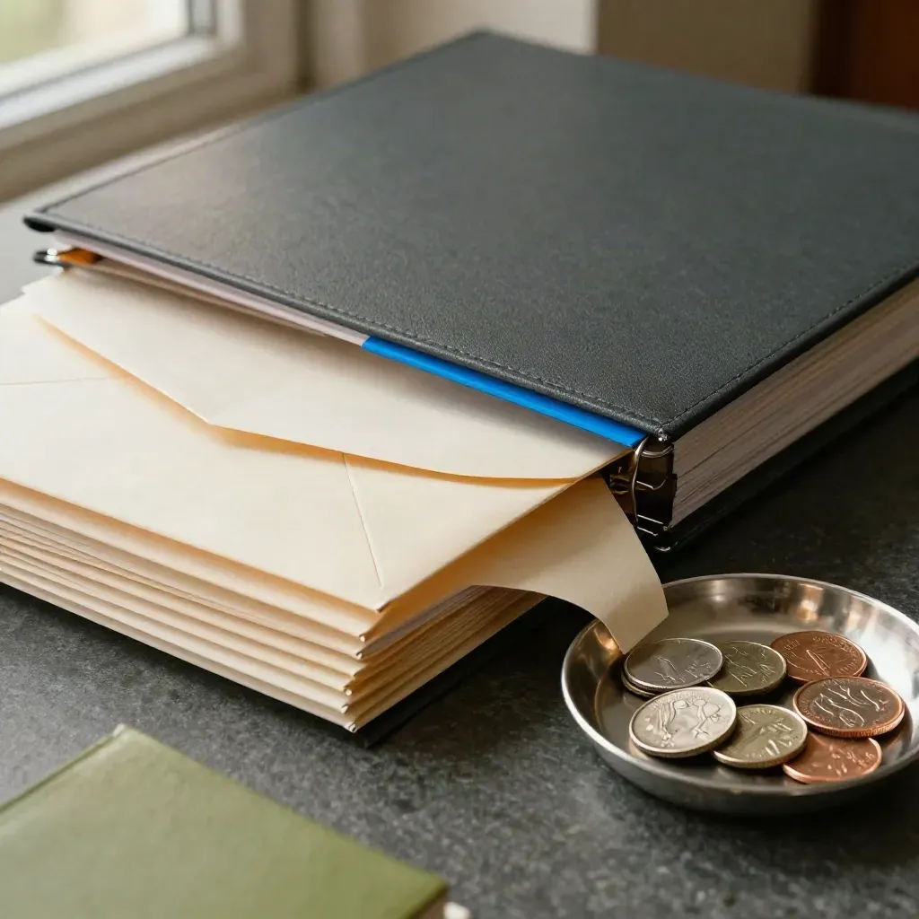 Macro still life of sealed envelopes, binder spine and coin tray on dark stone.