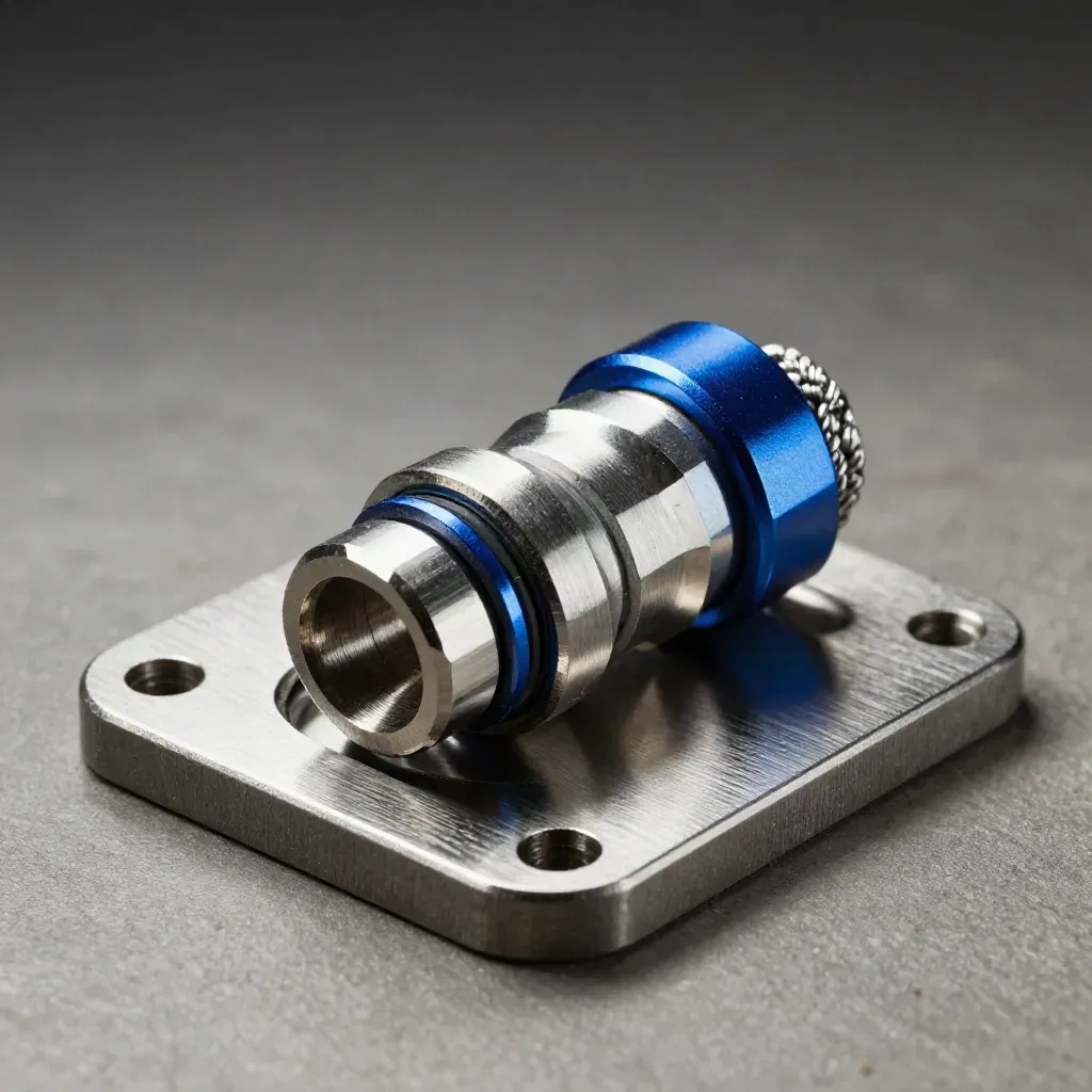 Macro of machined couplers, spacer discs, and a braided lead end on brushed steel with blue accent.