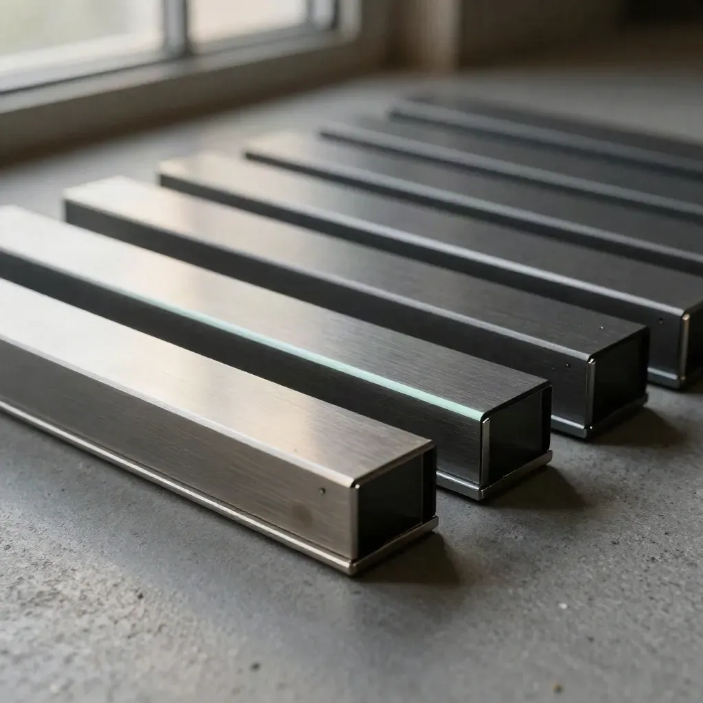 Graphite tabs and metal rails locked by a mint-accented alignment bar on concrete.