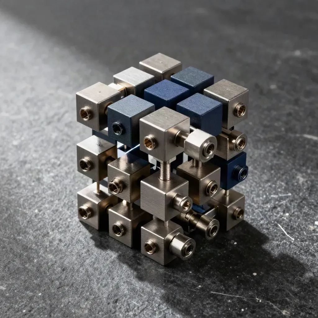 Top-down still life of metal cubes, connector pins, and cable ends on dark stone