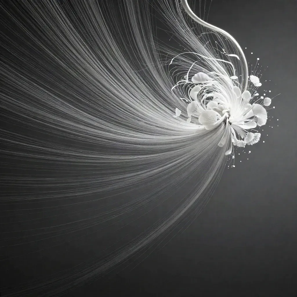 Silver filaments converge into a soft white bloom in dark graphite haze.